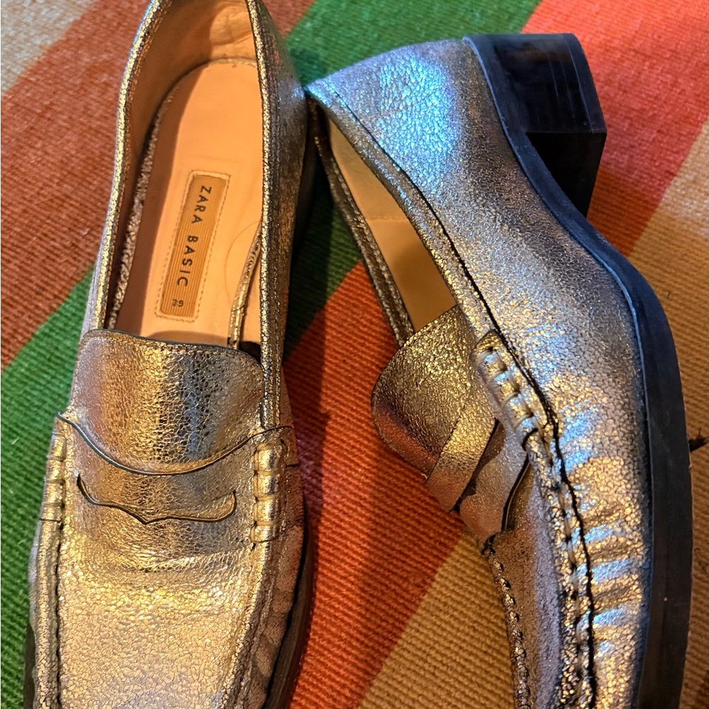 Zara Metallic Silver Penny Loafers 39 - Picture 4 of 7